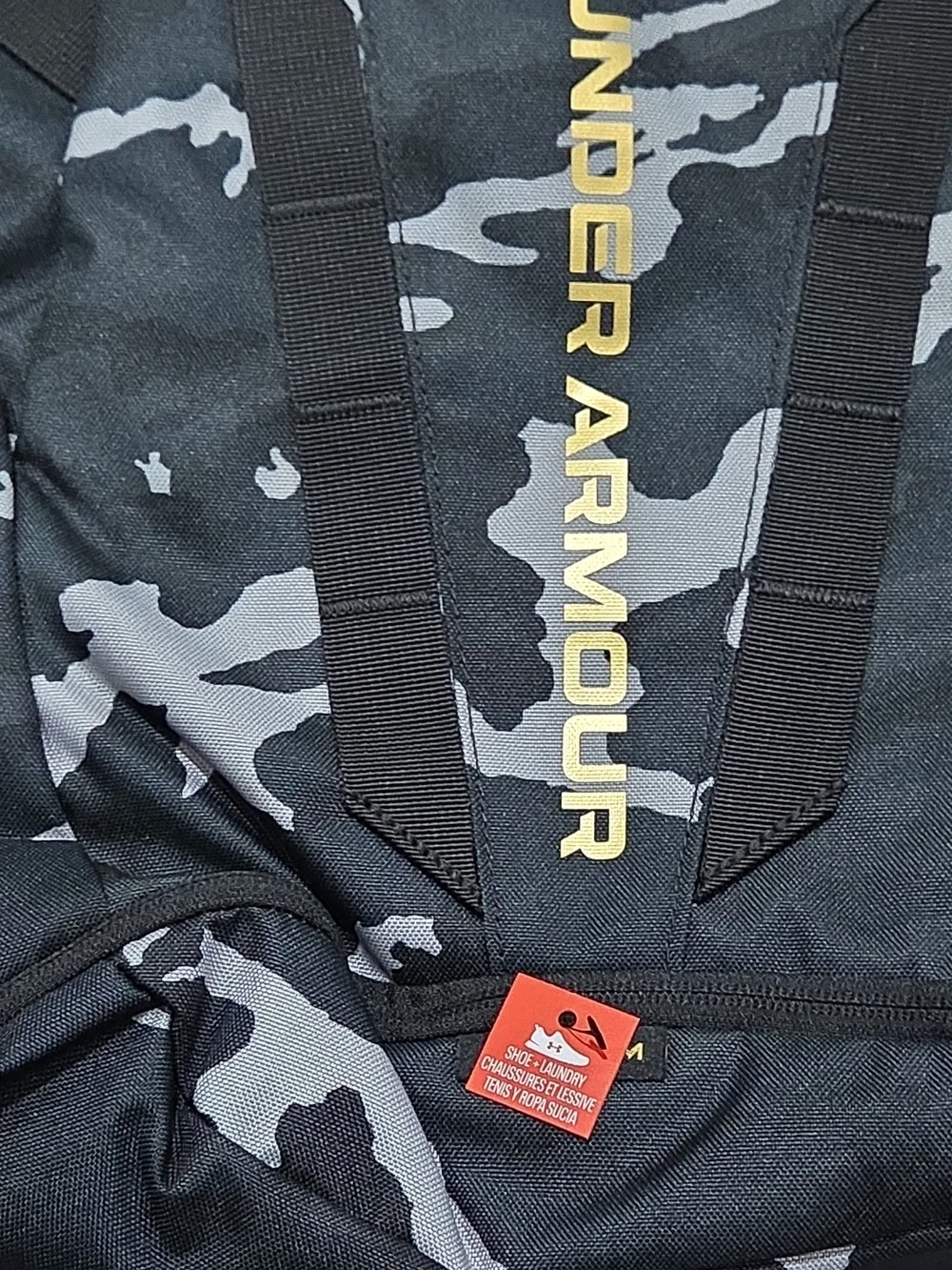Under Armour Black & Gray Camo Backpack with Gold Logo